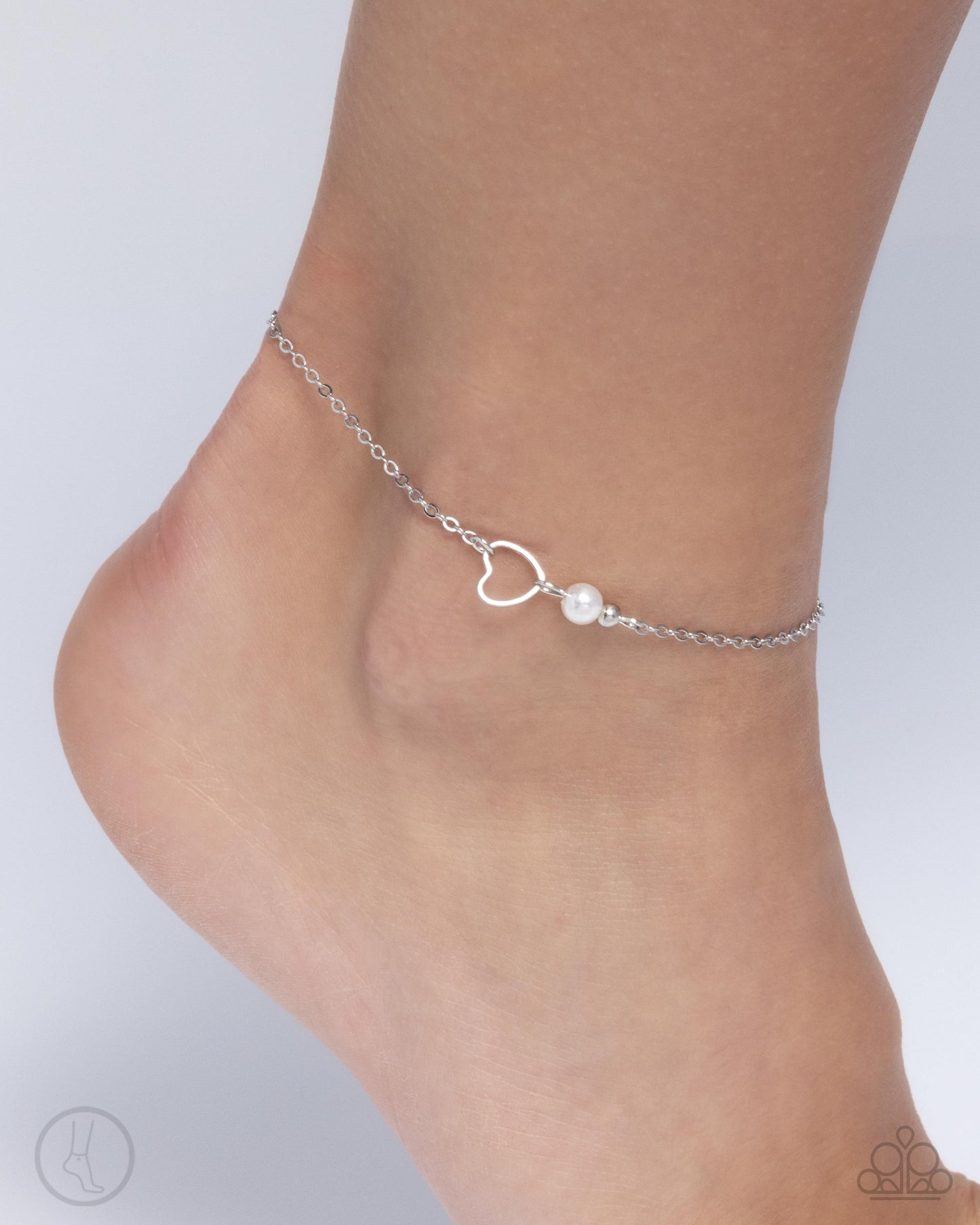 Affectionate Assertion - White Rhinestone Silver Heart Anklet