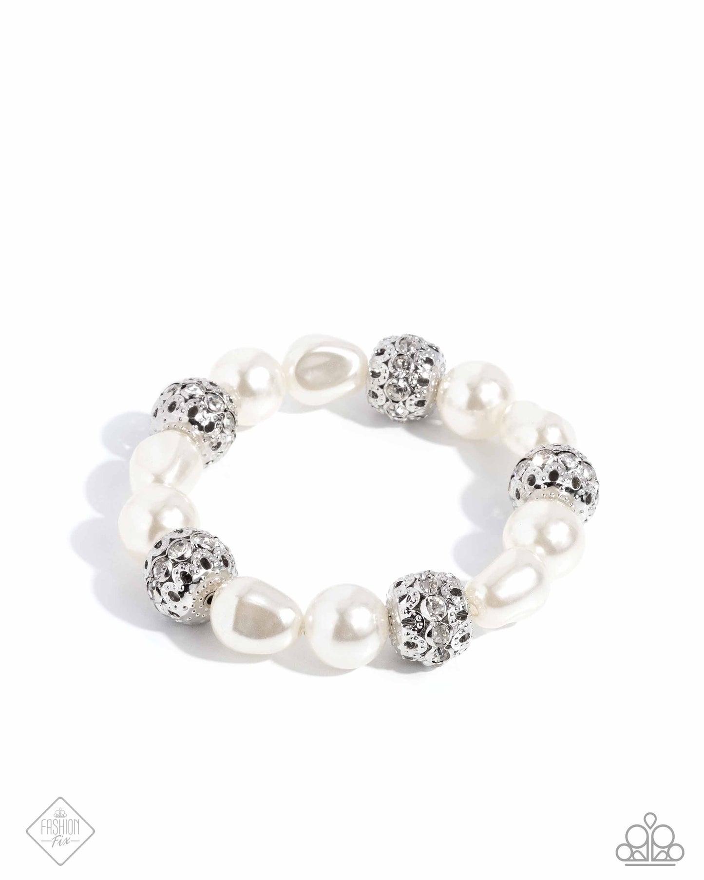 High-Class Headline - White Pearl Silver Stretchy Bracelet - Fashion Fix