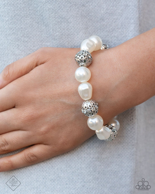 High-Class Headline - White Pearl Silver Stretchy Bracelet - Fashion Fix