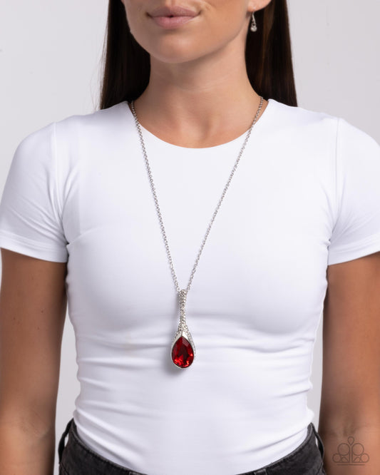 Rosy Revival - Red Teardrop White Rhinestones Pendant Silver Medium-Length Necklace