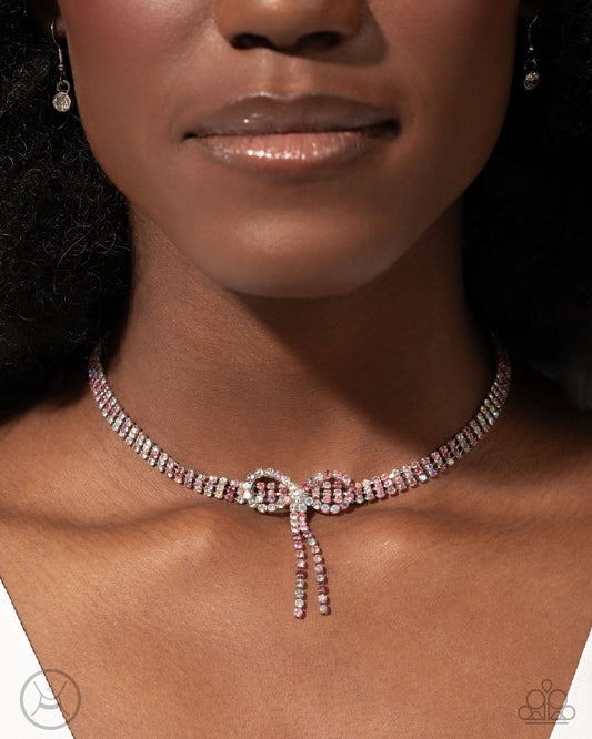 Buckingham Bow - Pink Iridescent Rhinestone Silver Choker Necklace - Life of the Party