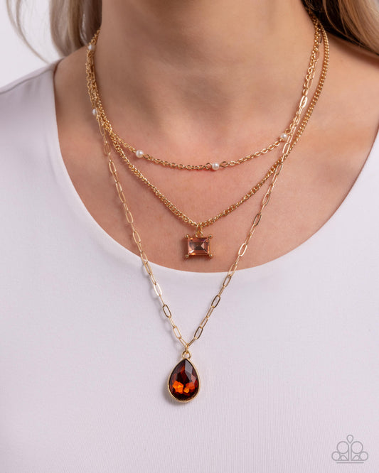 Giddy Glitter - Brown Gem Gold Layered Short Necklace