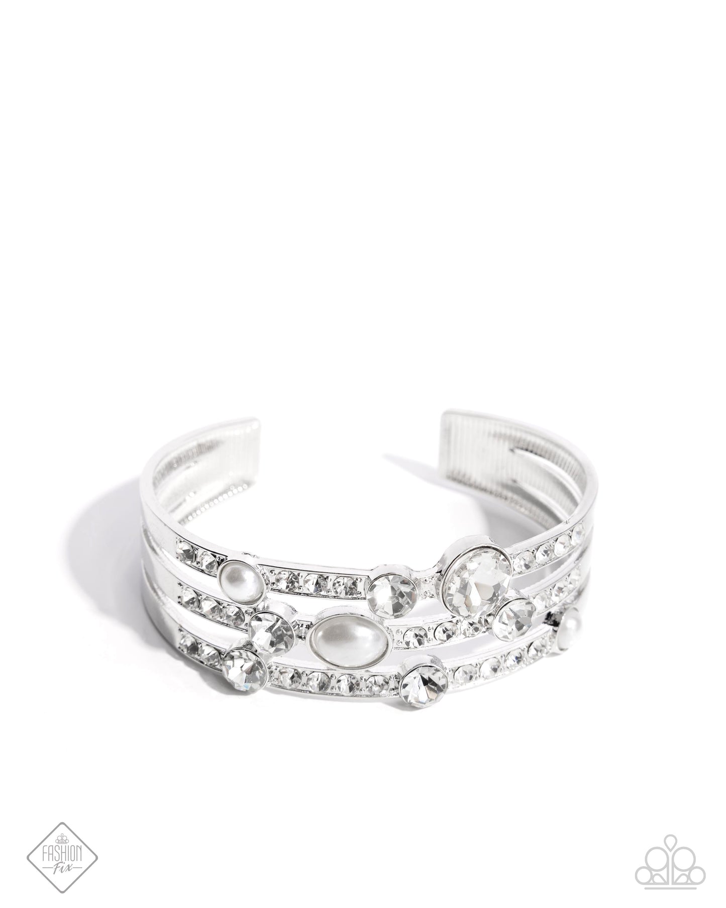 Classy Chance - White Pearl Rhinestone Silver Cuff Bracelet - Fashion Fix