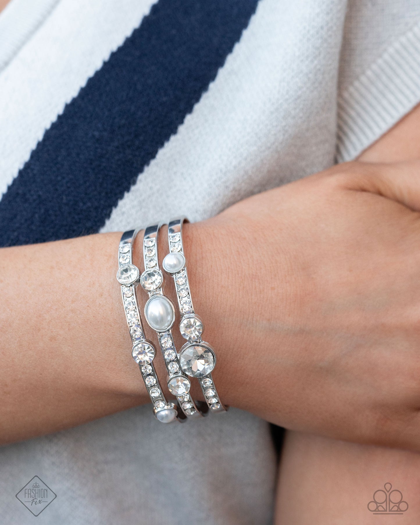 Classy Chance - White Pearl Rhinestone Silver Cuff Bracelet - Fashion Fix