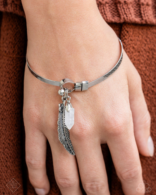 Restful Reunion - White Stone Silver Feather Bangle Bracelet - Fashion Fix