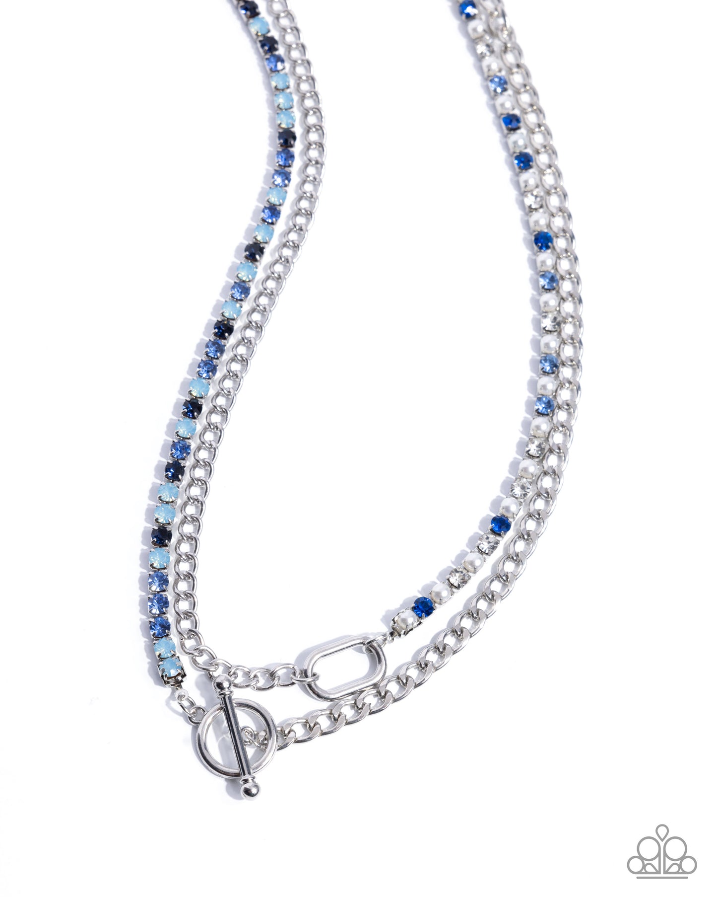 Mismatched Makeover - Blue Rhinestone Silver Chain Layered Short Necklace - Life of the Party