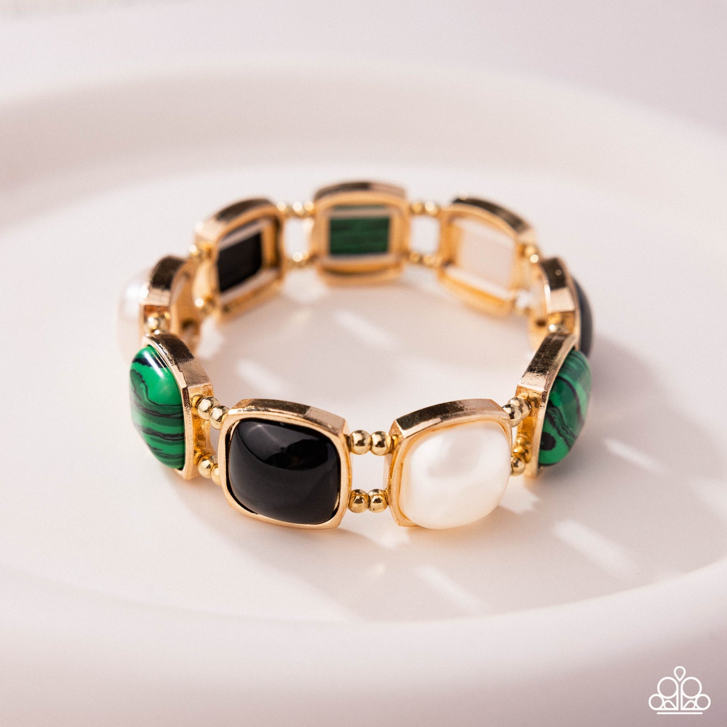 Everfree Elegance - Multi Black Green White Pearl Gold Stretchy Bracelet