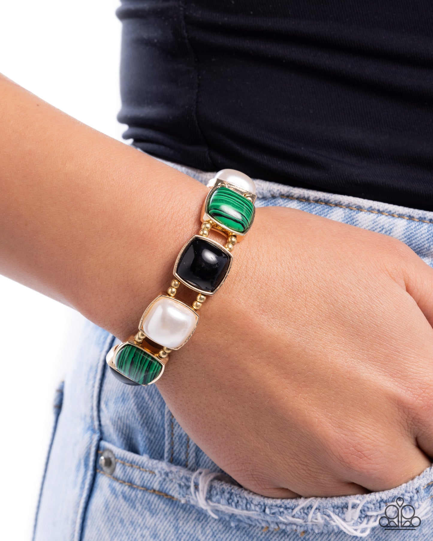 Everfree Elegance - Multi Black Green White Pearl Gold Stretchy Bracelet
