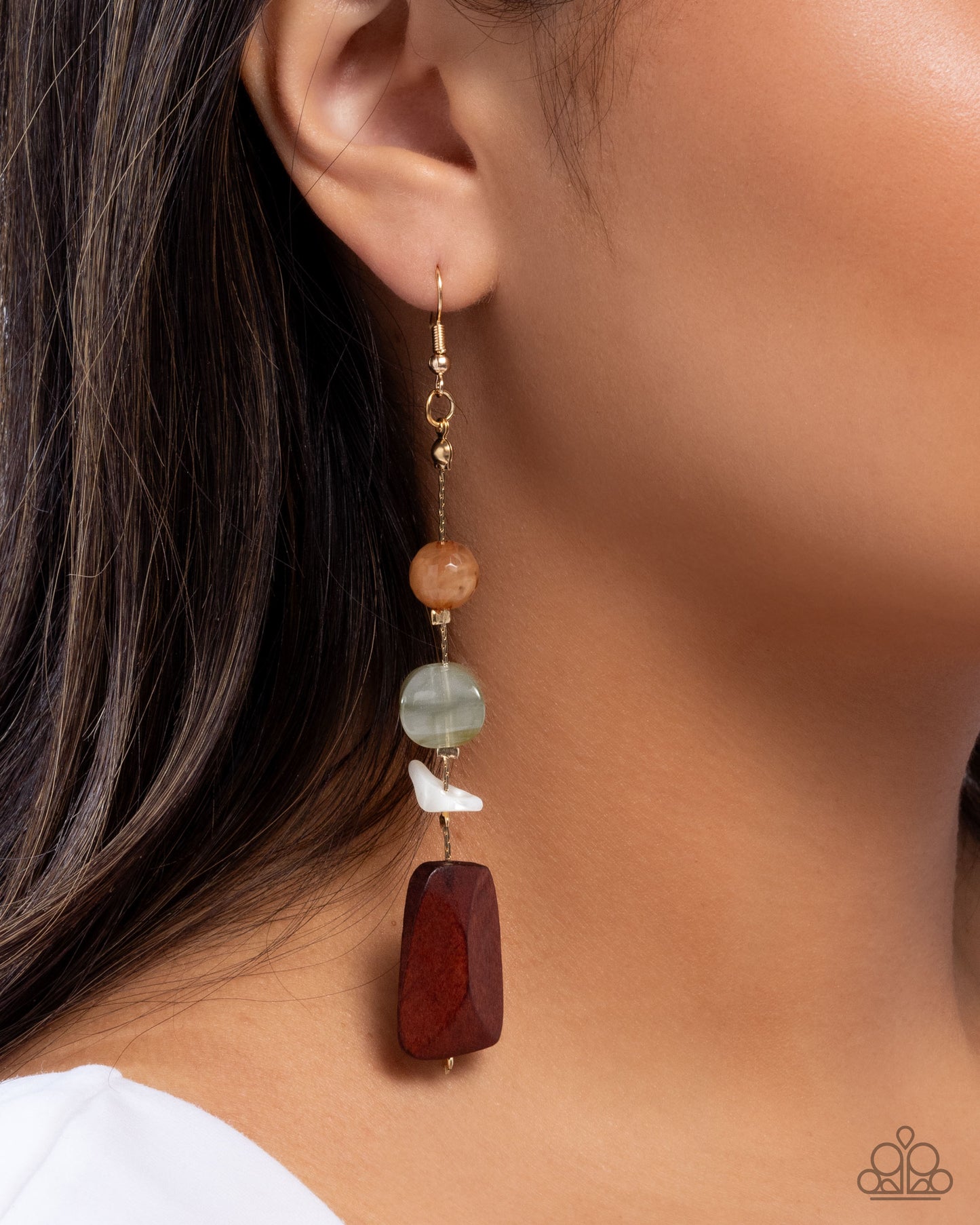 Creative Collection - Green Brown White Stone and Wood Bead Gold Fishhook Earrings