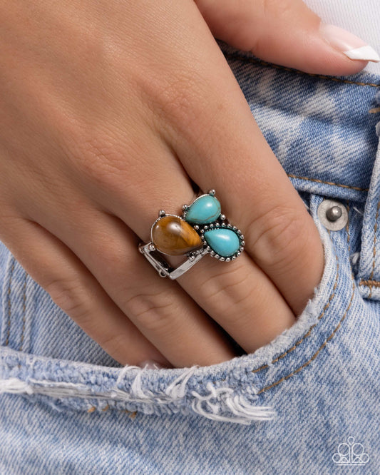 Themed Trio - Brown Tiger's Eye, Crackled Turquoise Studded Teardrop Silver Ring