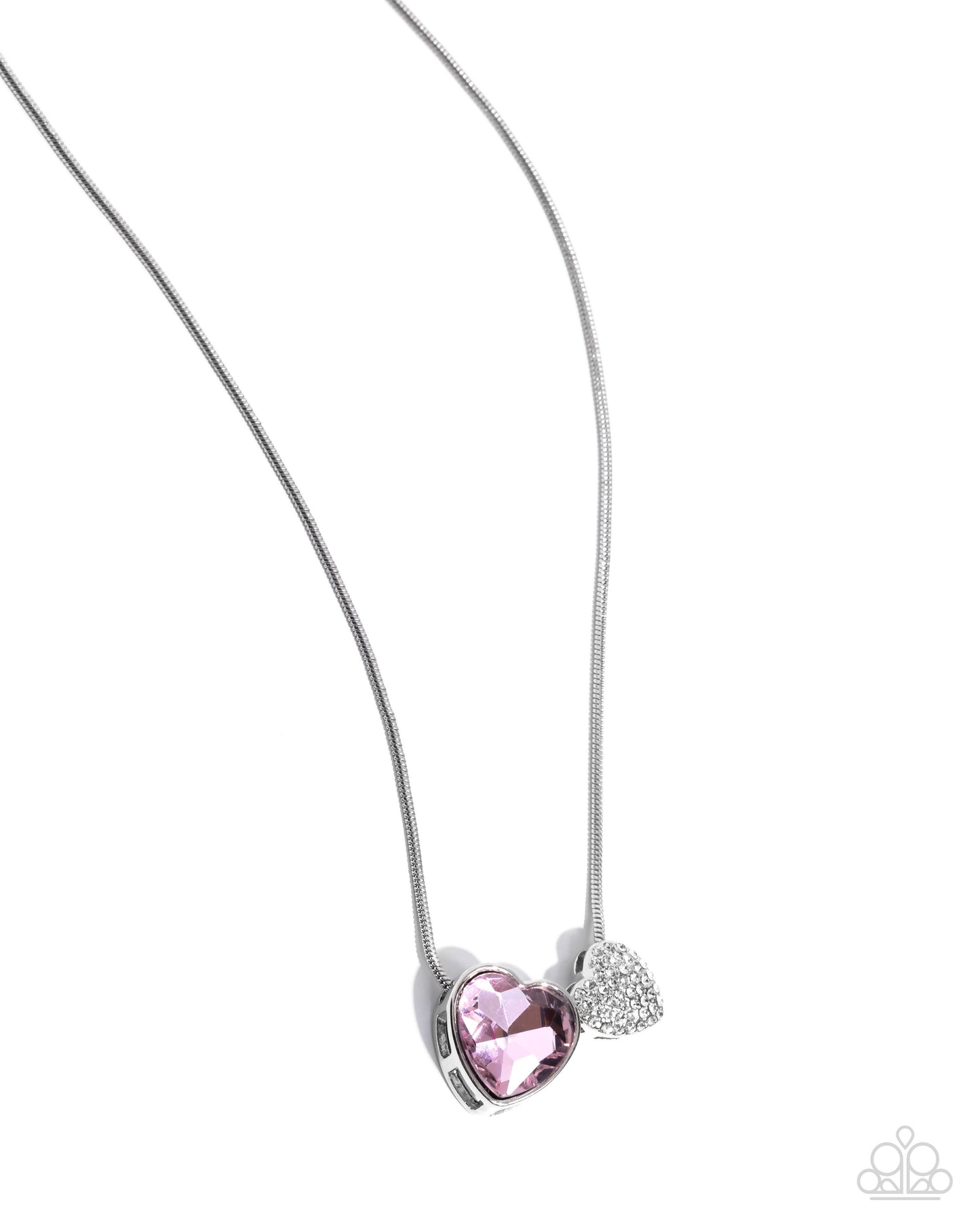 Lovely Couple - Pink Gem White Rhinestone Heart Silver Short Necklace