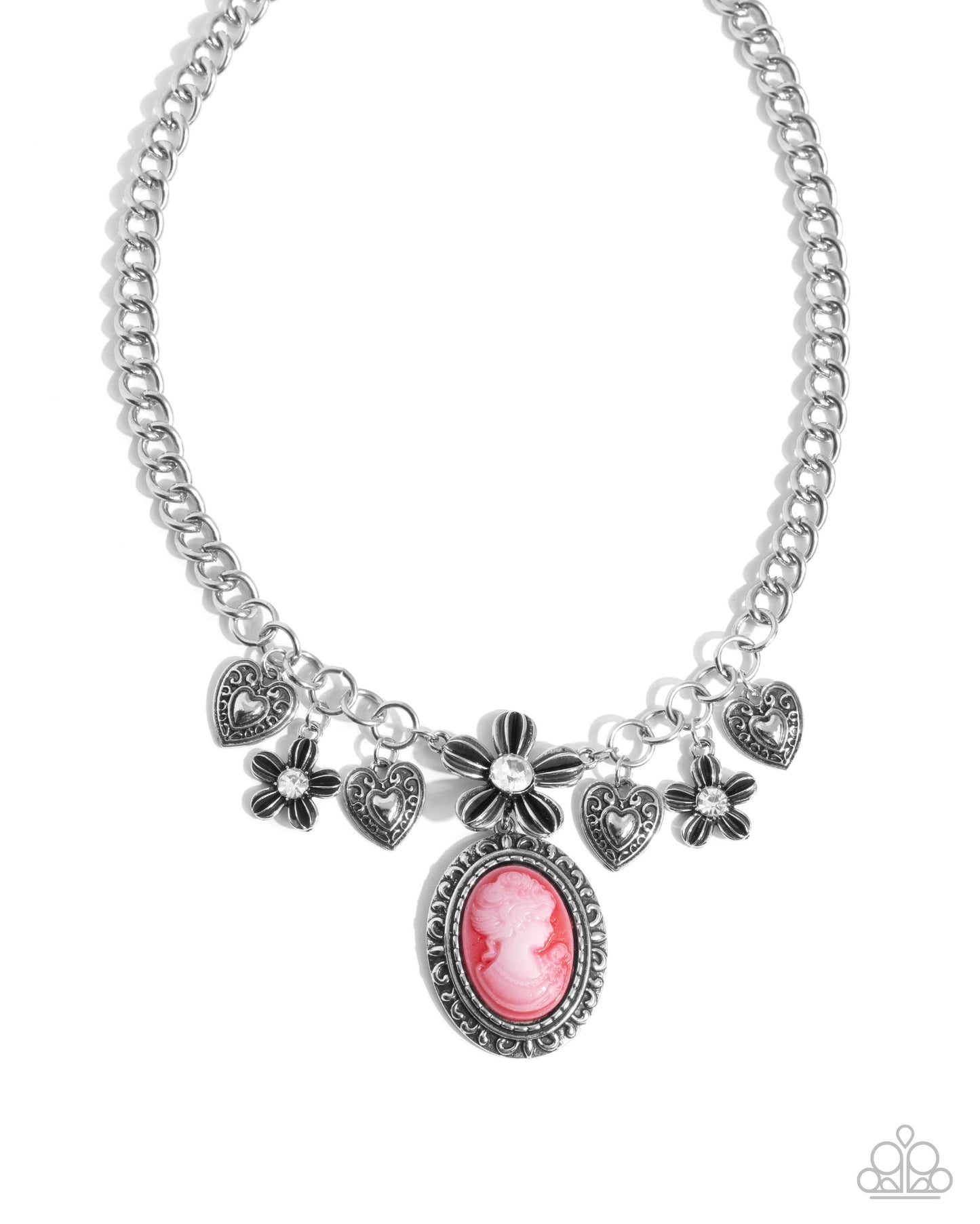 PERFECT MATCH / SET: Vintage Story - Red Cameo Pendant Hearts Flowers Silver Short Necklace AND Ageless Account - Red Cameo Pendants Hearts Flowers White Gem Silver Clasp Bracelet