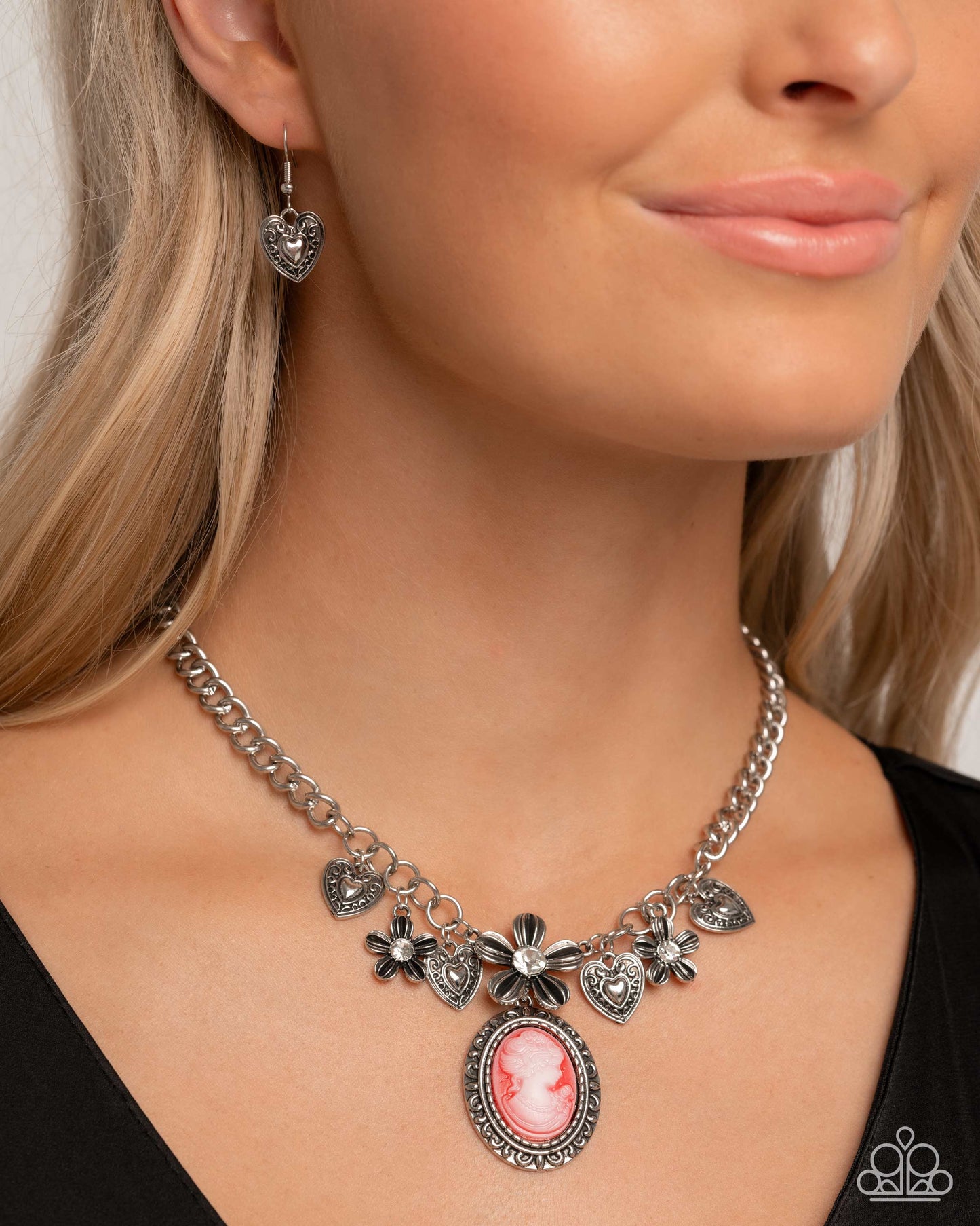 PERFECT MATCH / SET: Vintage Story - Red Cameo Pendant Hearts Flowers Silver Short Necklace AND Ageless Account - Red Cameo Pendants Hearts Flowers White Gem Silver Clasp Bracelet