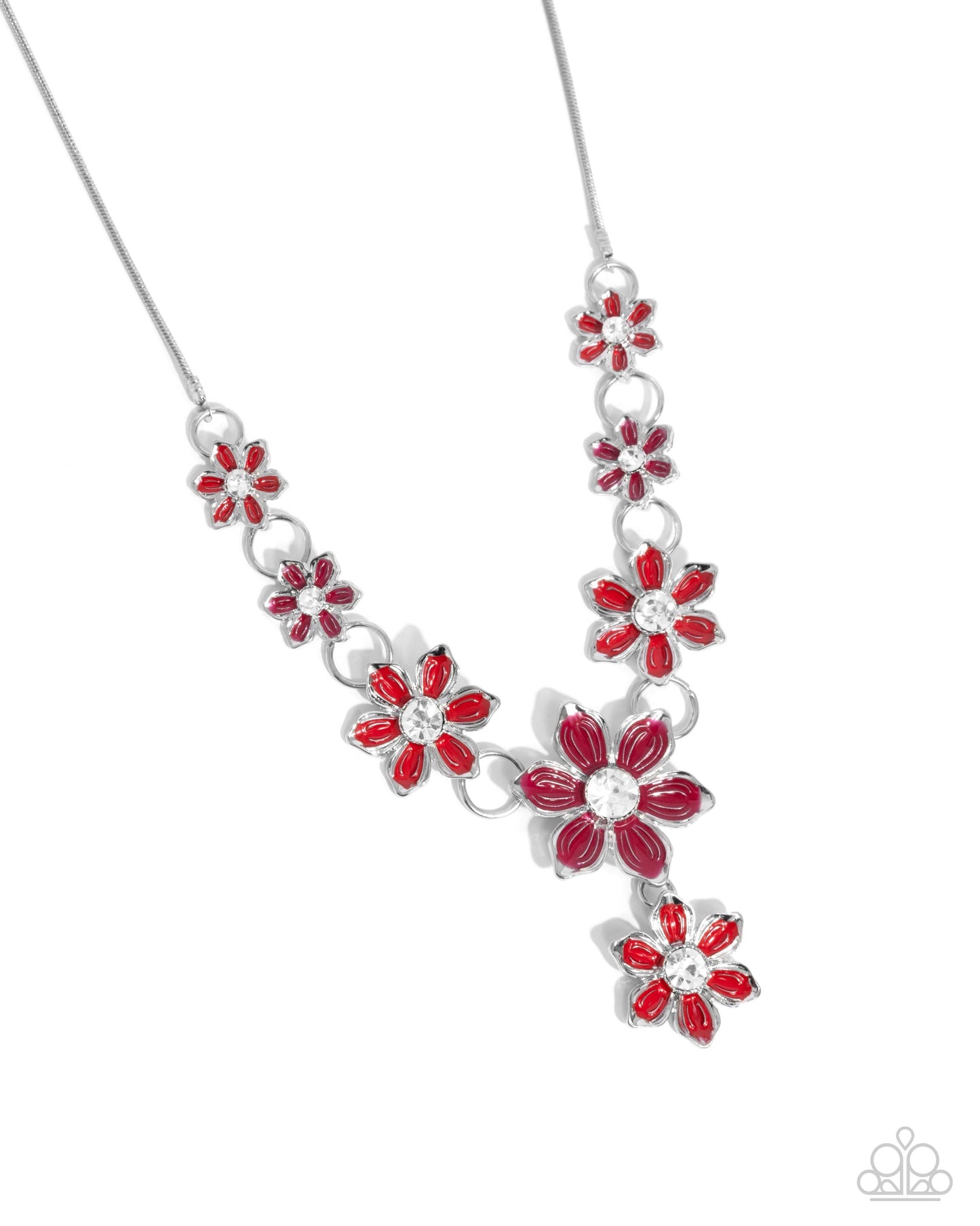 PERFECT MATCH / SET: Compatibly Chic - Red Wine Flowers White Gems Silver Short Necklace AND Compatibly Charming - Red Wine Flowers White Gems Silver Clasp Bracelet