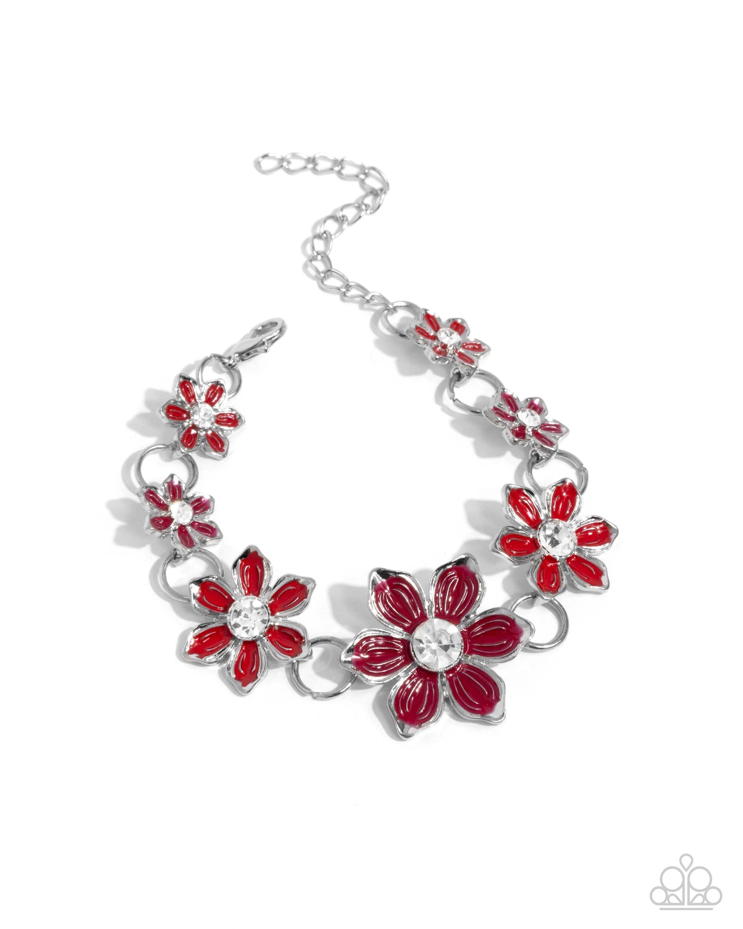 PERFECT MATCH / SET: Compatibly Chic - Red Wine Flowers White Gems Silver Short Necklace AND Compatibly Charming - Red Wine Flowers White Gems Silver Clasp Bracelet