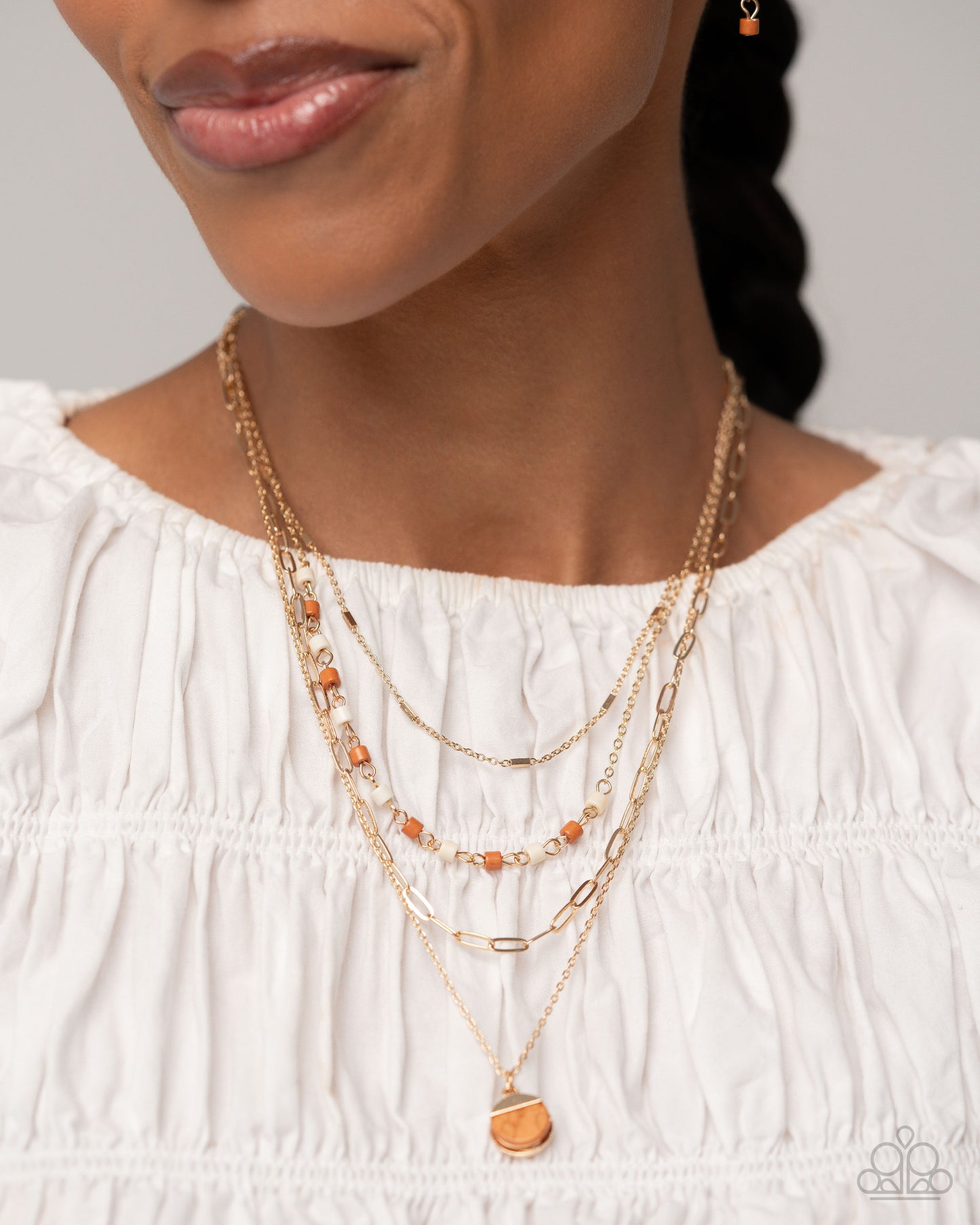 PERFECT MATCH / SET: Blending In - Brown Stone White Discs Gold Pendant Layered Short Necklace AND Badlands Blend - Brown Stone White Discs Gold Clasp Bracelet