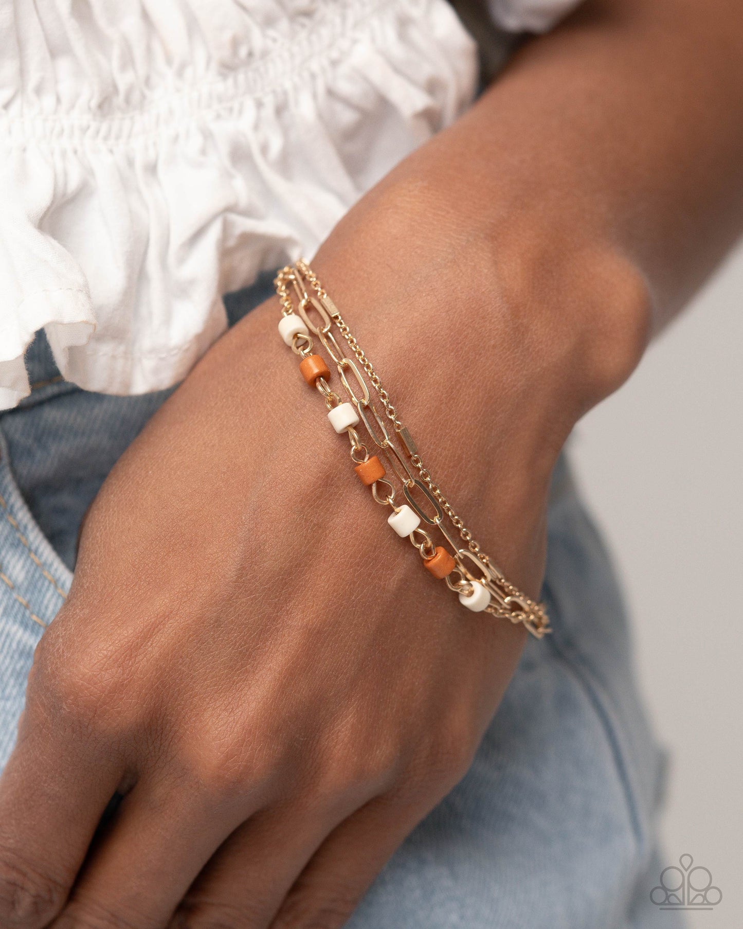 PERFECT MATCH / SET: Blending In - Brown Stone White Discs Gold Pendant Layered Short Necklace AND Badlands Blend - Brown Stone White Discs Gold Clasp Bracelet