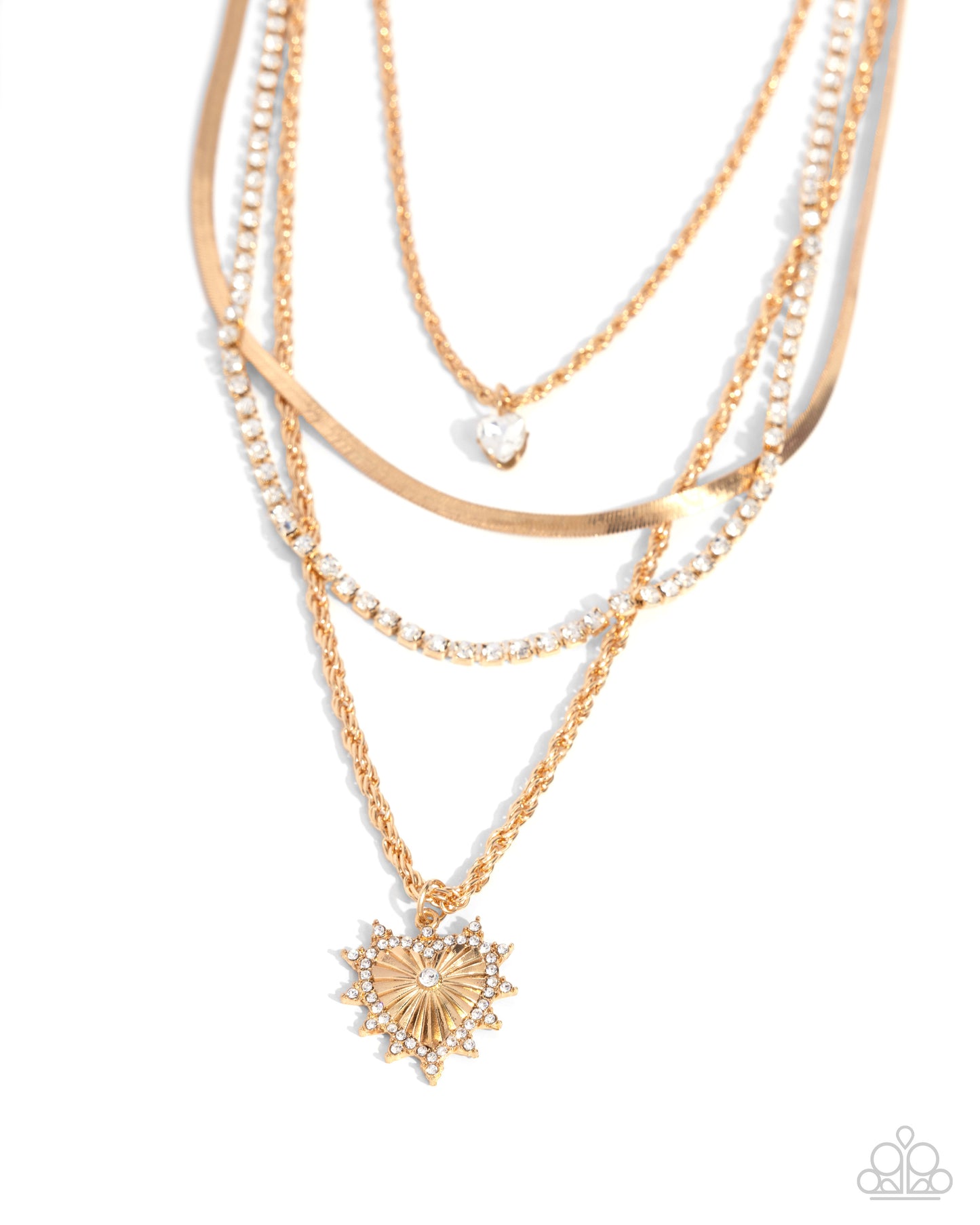 PERFECT MATCH / SET: Excessive Embellishment - Gold White Heart Gem and Gold Sunburst Pendant Short Layered Necklace AND Excessive Empire - Gold and White Rhinestone Clasp Bracelet