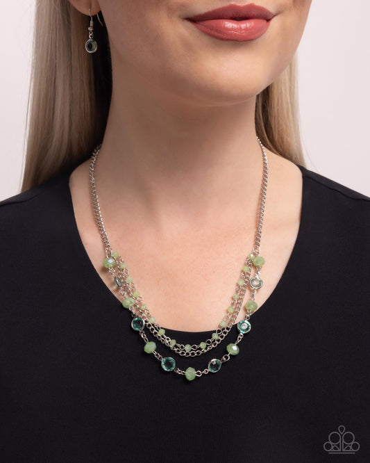 Charismatic Cascade - Green Iridescent Bead Silver Short Necklace