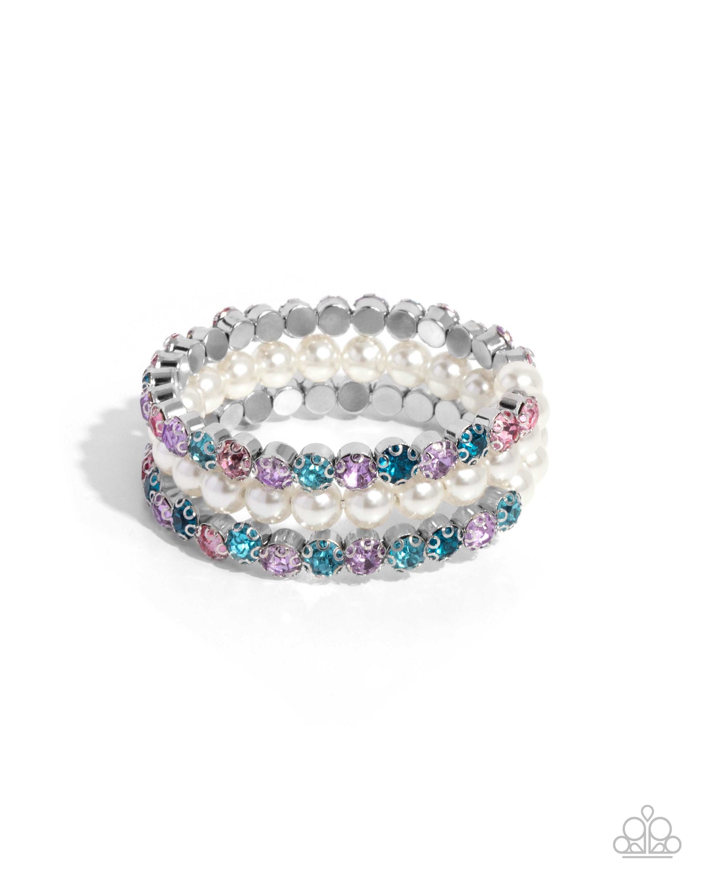 Grandiose Glitz - Multi Color Gem White Pearl Silver Coil Bracelet