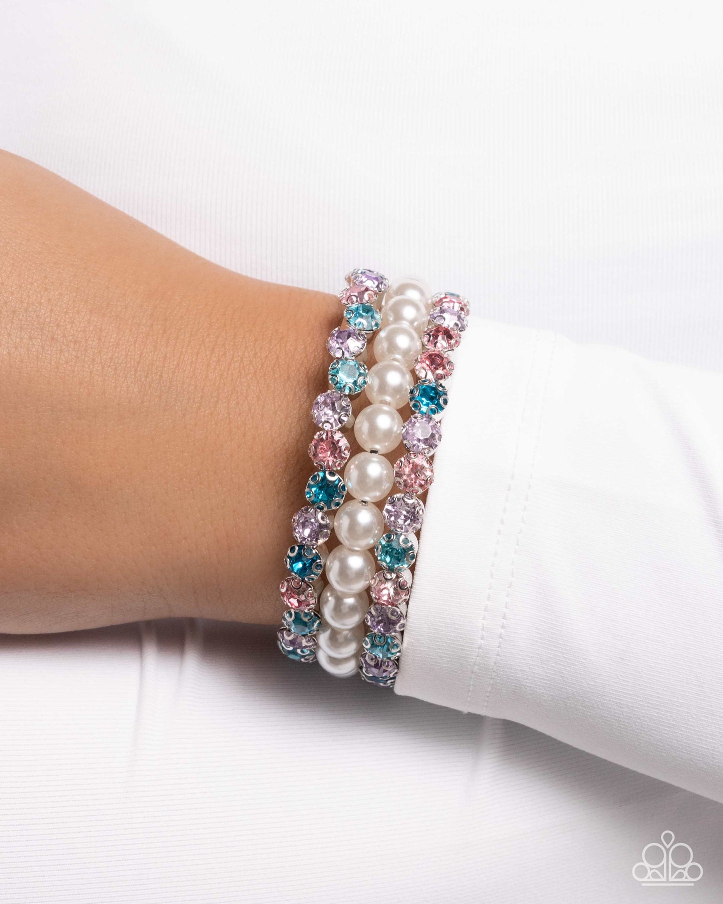 Grandiose Glitz - Multi Color Gem White Pearl Silver Coil Bracelet