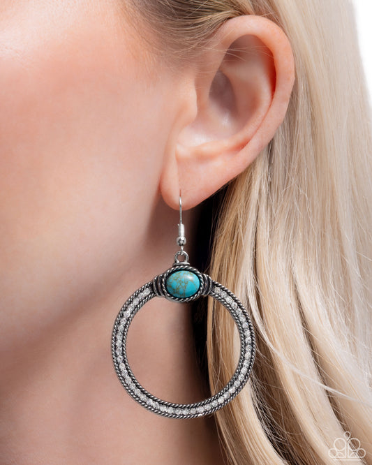 Radical Rusticity - Blue Turquoise Crackle Stone White Rhinestones Silver Circle Earrings