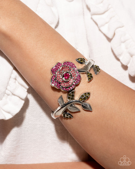 Bewitching Belle - Pink Rhinestone Rose Silver Hinge Bracelet - Life of the Party
