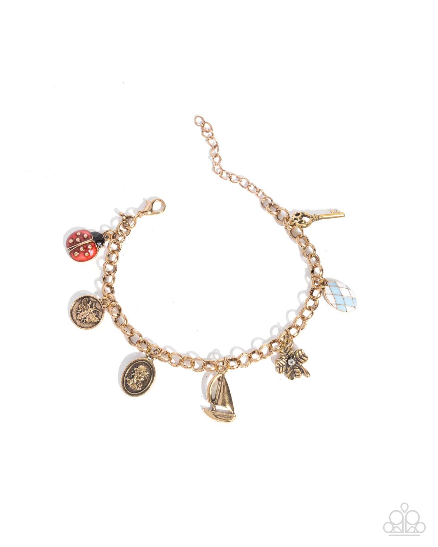 Sailing Through Life - Gold Bee Flower Sailboat Lady Bug Shell Egg Charm Clasp Bracelet