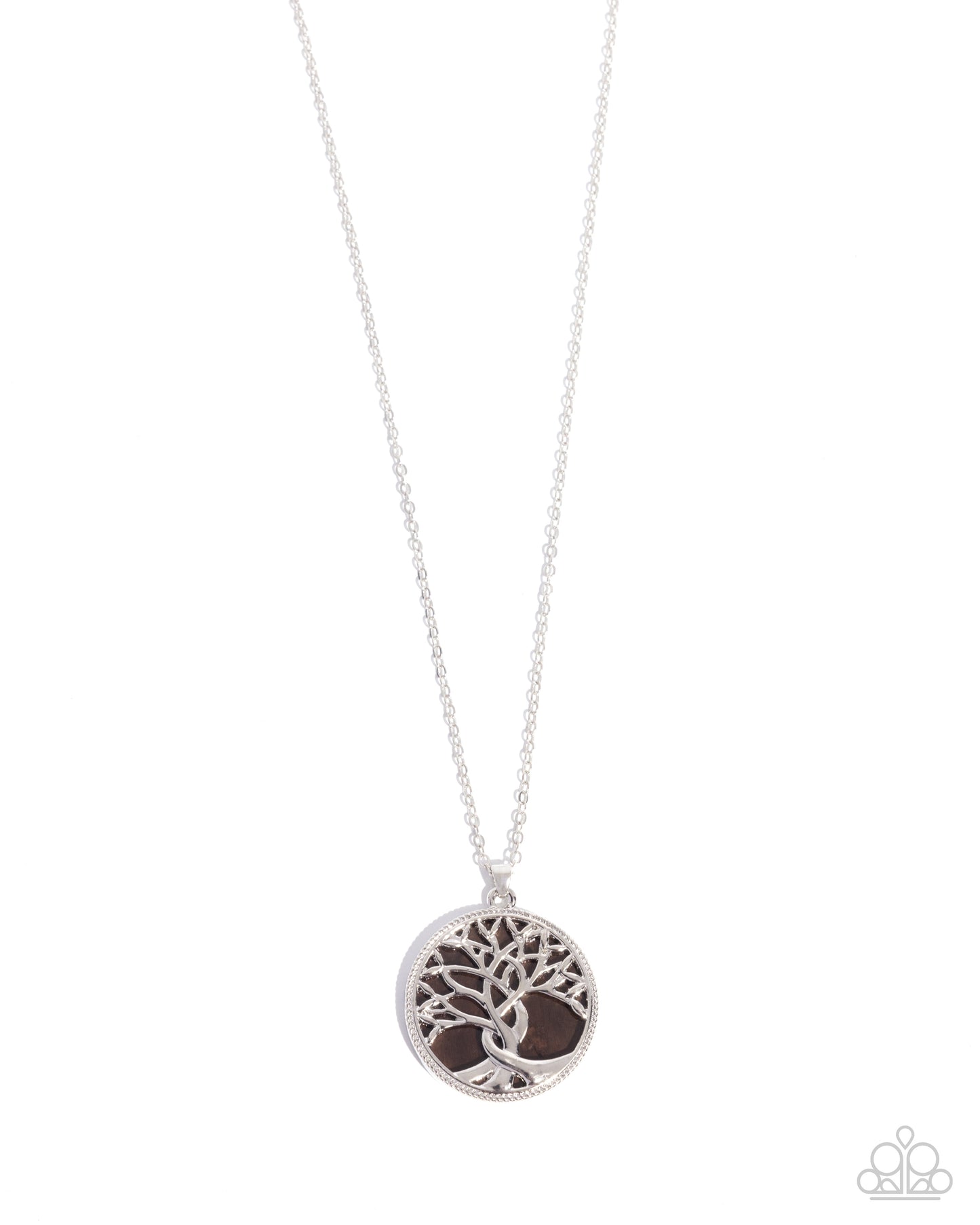 Nordic Nuance - Brown Shell Silver Tree Pendant, Silver Medium-Length Necklace