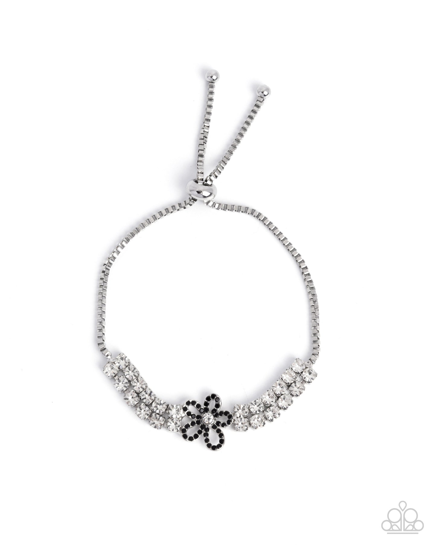 Blooming Breakthrough - Black Rhinestone Flower White Rhinestones Silver Box Chain Slide Knot Bracelet