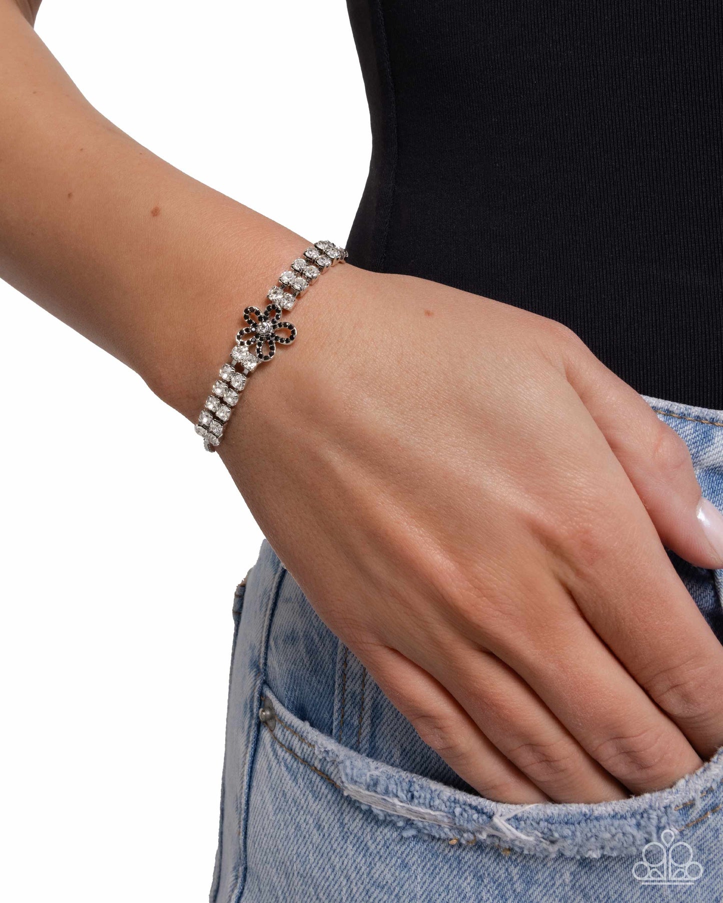 Blooming Breakthrough - Black Rhinestone Flower White Rhinestones Silver Box Chain Slide Knot Bracelet