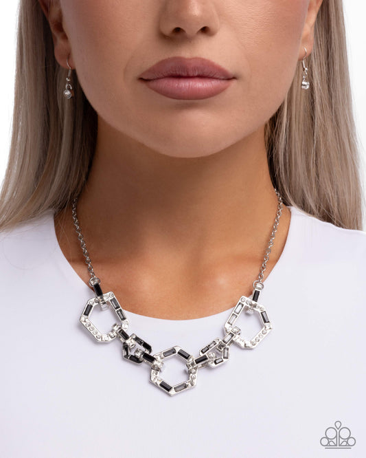 Geometric Glitter - Black Smoky White Gem Silver Short Necklace