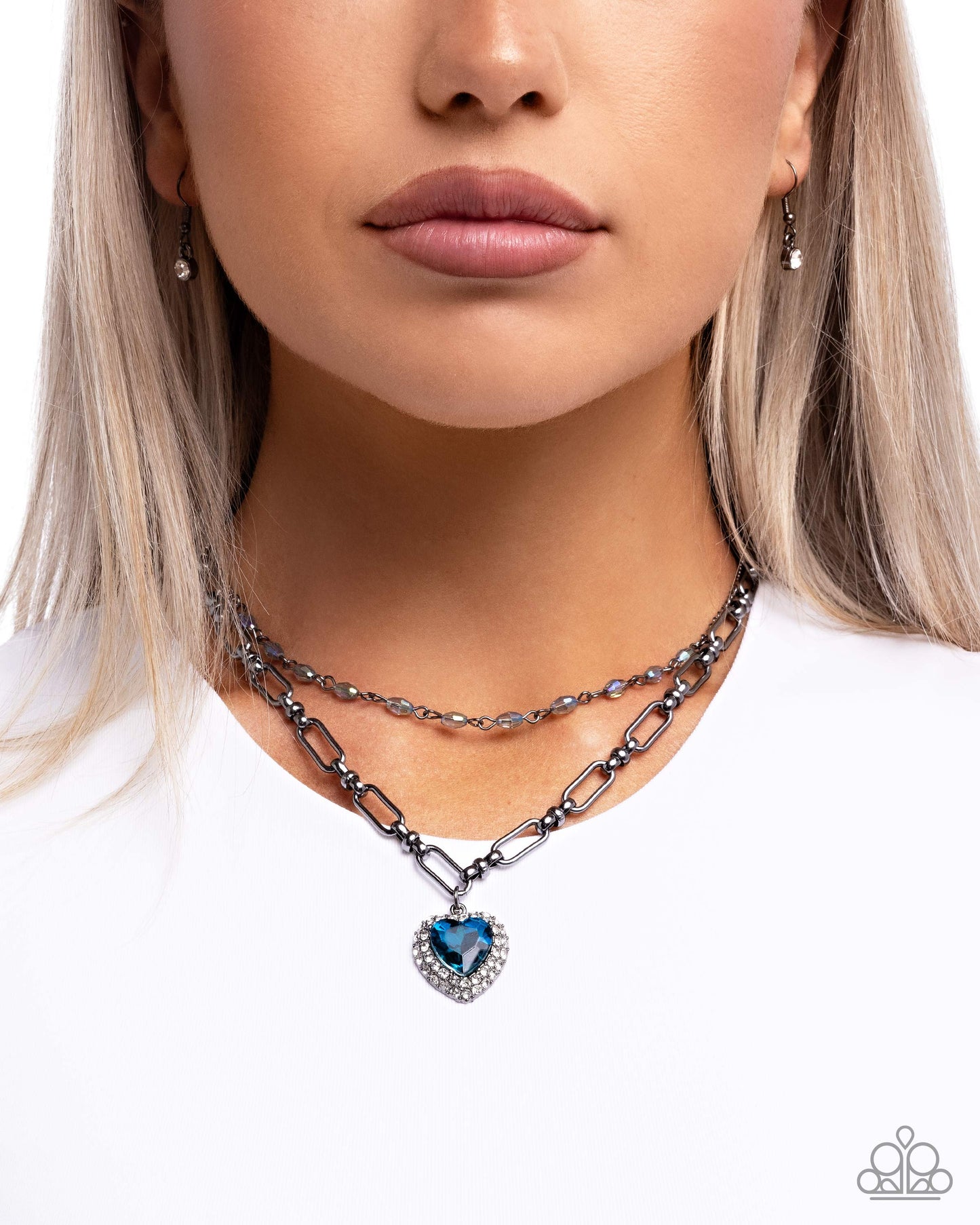 Match Made In HAUTE - Blue Heart Gem UV Bead Gunmetal Layered Short Necklace