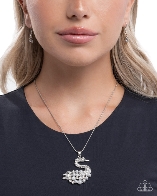 Swan Shimmer - White Pearl Rhinestones Swan Pendant Silver Short Necklace