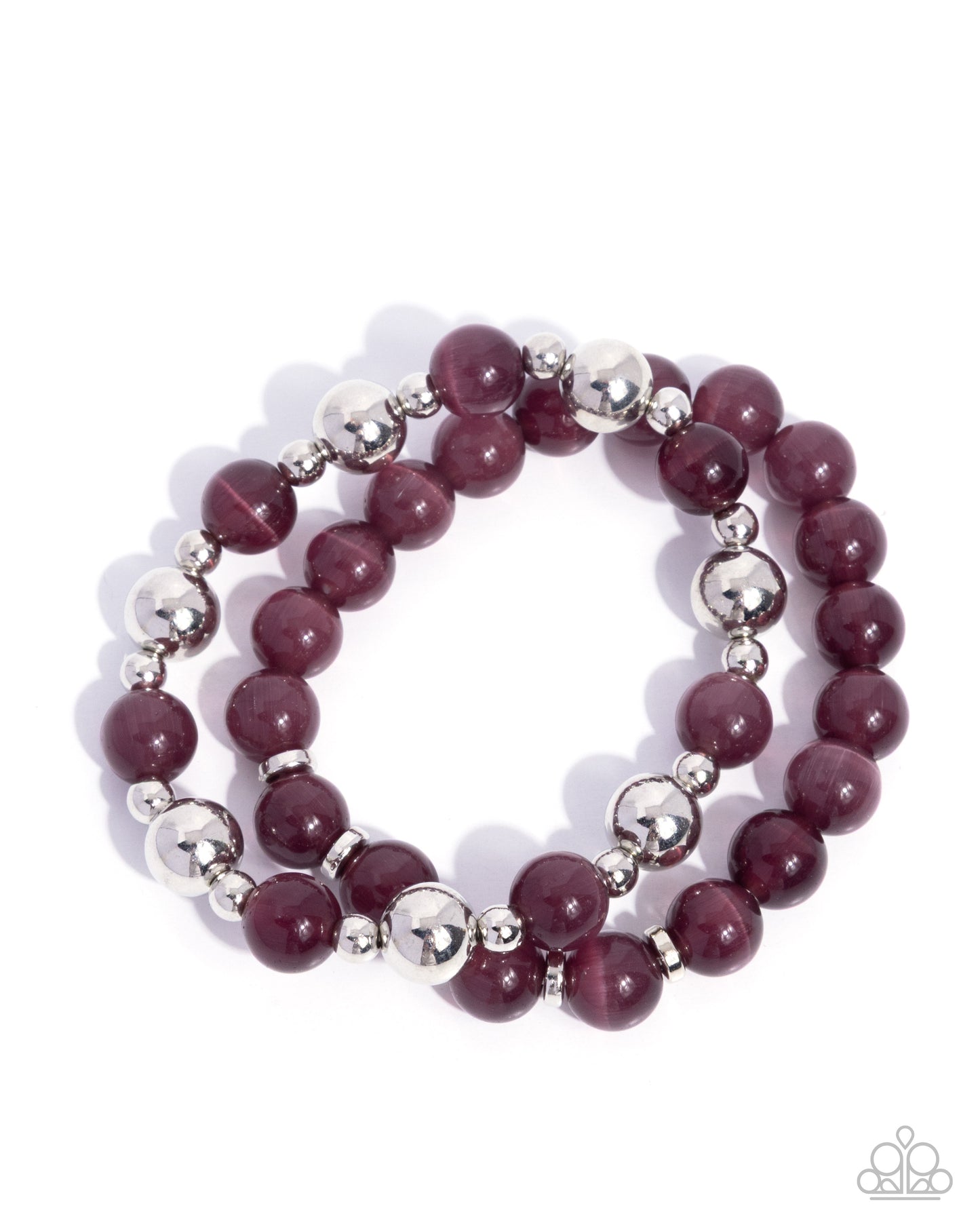 Fun-Loving Fantasy - Purple Cat's Eye and Silver Bead Stretchy Bracelet Set