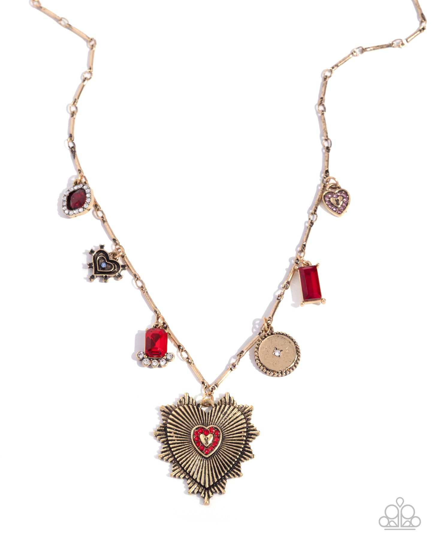 Fabulous Facade - Red Multi Heart Charms Red Gems White Rhinestones Gold Curb Short Necklace