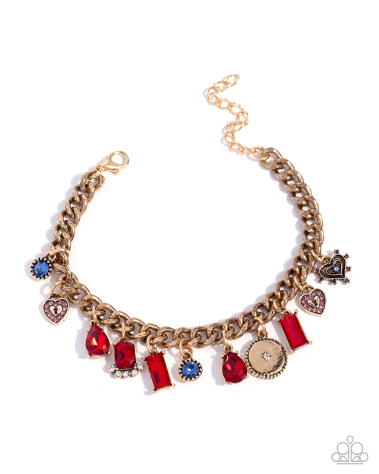 Fabulous Fact - Red Multi Heart Charms Red Violet Gems White Rhinestones Gold Curb Clasp Bracelet