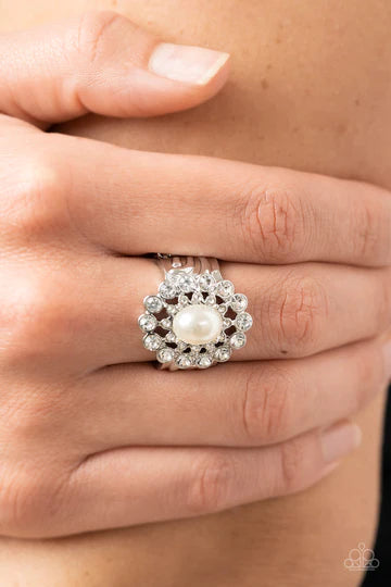 A-list Admirer - White Pearl White Rhinestone Silver Ring