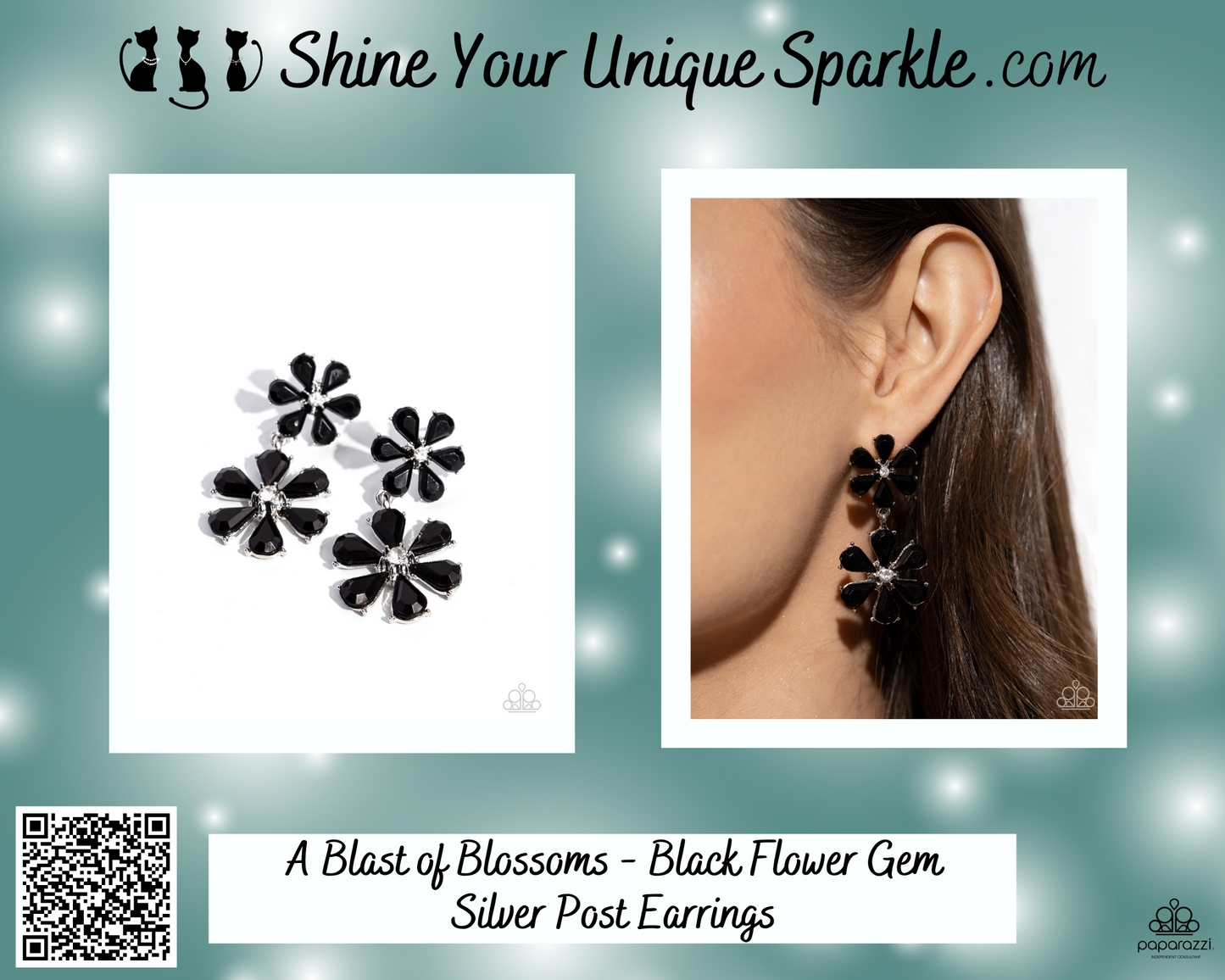 A Blast of Blossoms - Black Flower Gem Silver Post Earrings