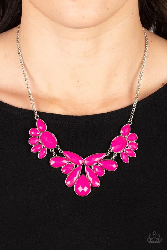 A Passing FAN-cy - Pink Bead Silver Short Necklace