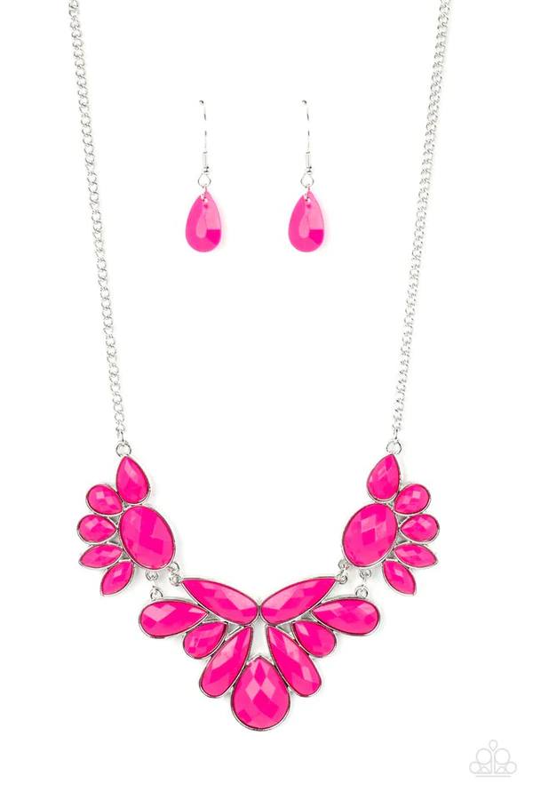 A Passing FAN-cy - Pink Bead Silver Short Necklace