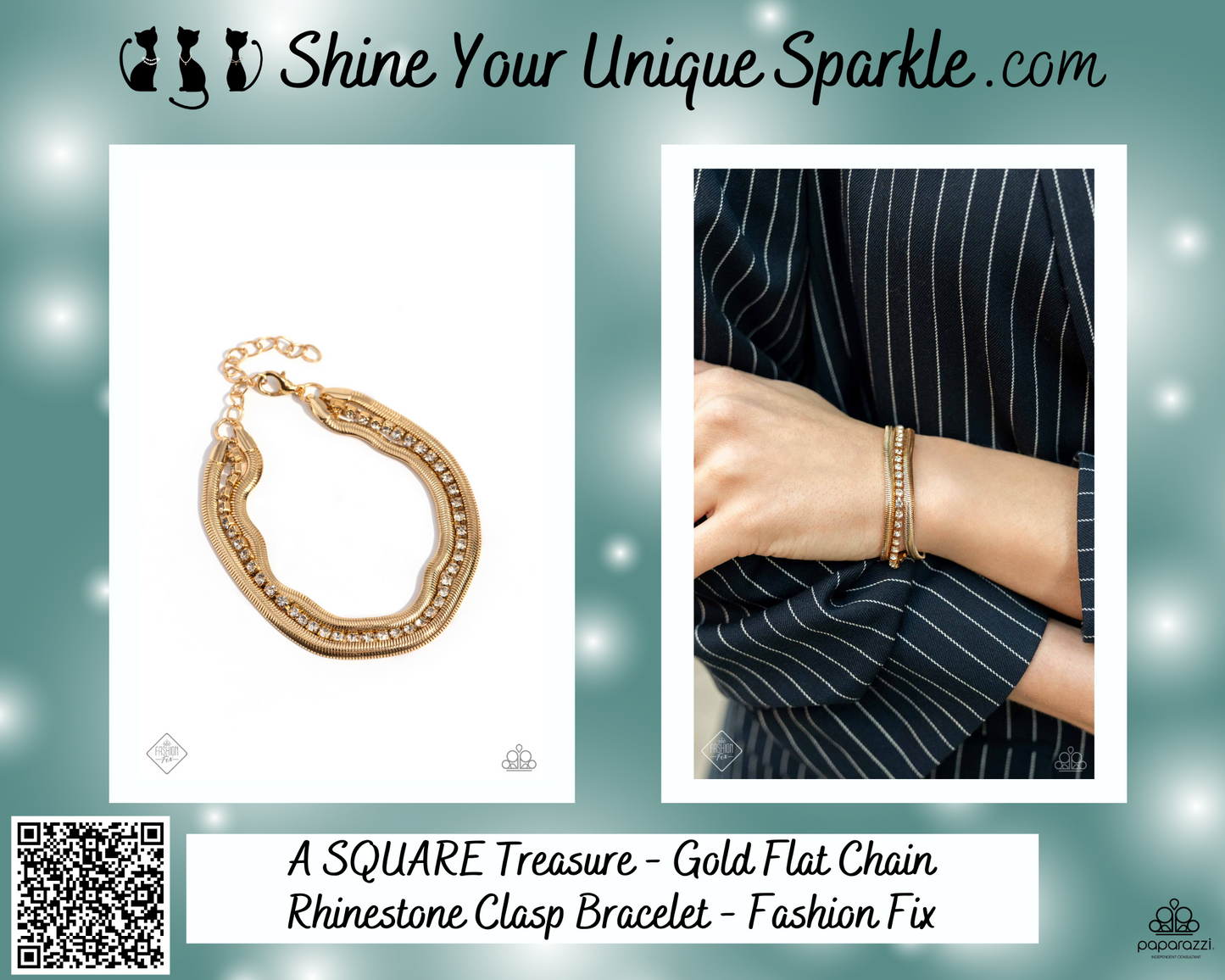 A SQUARE Treasure - Gold Flat Chain Rhinestone Clasp Bracelet - Fashion Fix