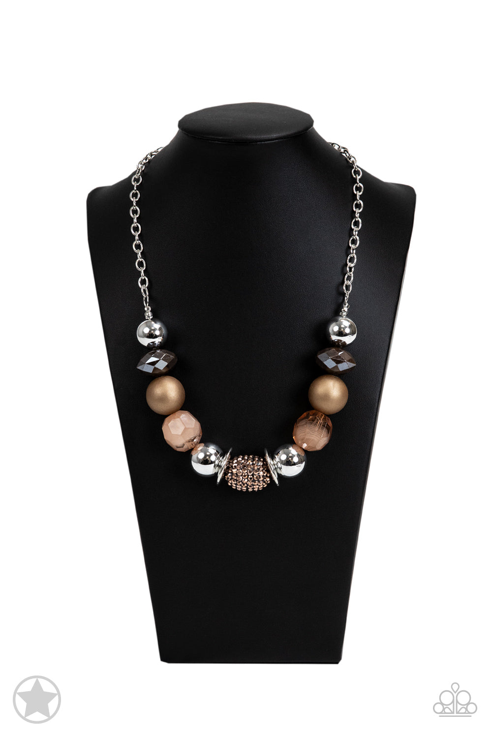 PERFECT MATCH / SET: A Warm Welcome - Copper, Brown and Silver Chunky Bead Short Necklace Blockbuster AND All Cozied Up - Copper, Brown and Silver Chunky Bead Stretchy Bracelet Blockbuster