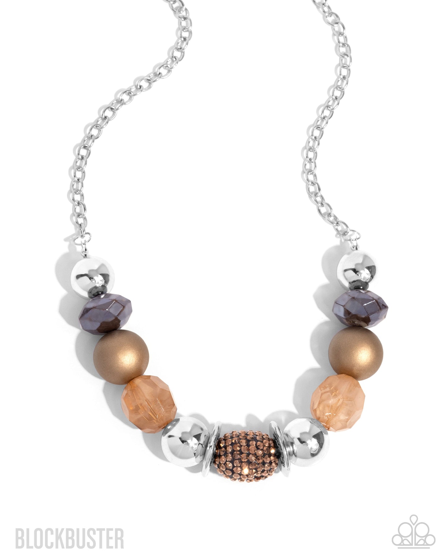 PERFECT MATCH / SET: A Warm Welcome - Copper, Brown and Silver Chunky Bead Short Necklace Blockbuster AND All Cozied Up - Copper, Brown and Silver Chunky Bead Stretchy Bracelet Blockbuster