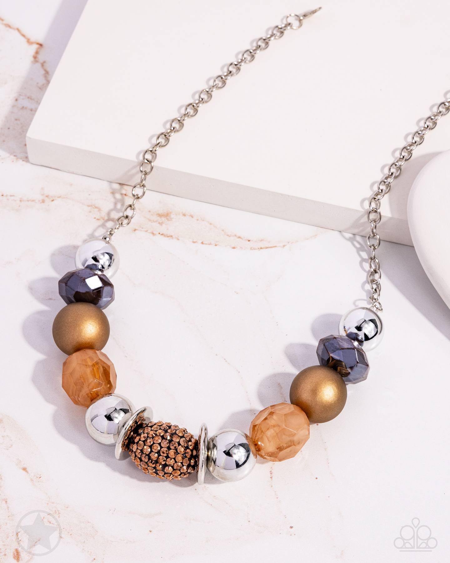 PERFECT MATCH / SET: A Warm Welcome - Copper, Brown and Silver Chunky Bead Short Necklace Blockbuster AND All Cozied Up - Copper, Brown and Silver Chunky Bead Stretchy Bracelet Blockbuster