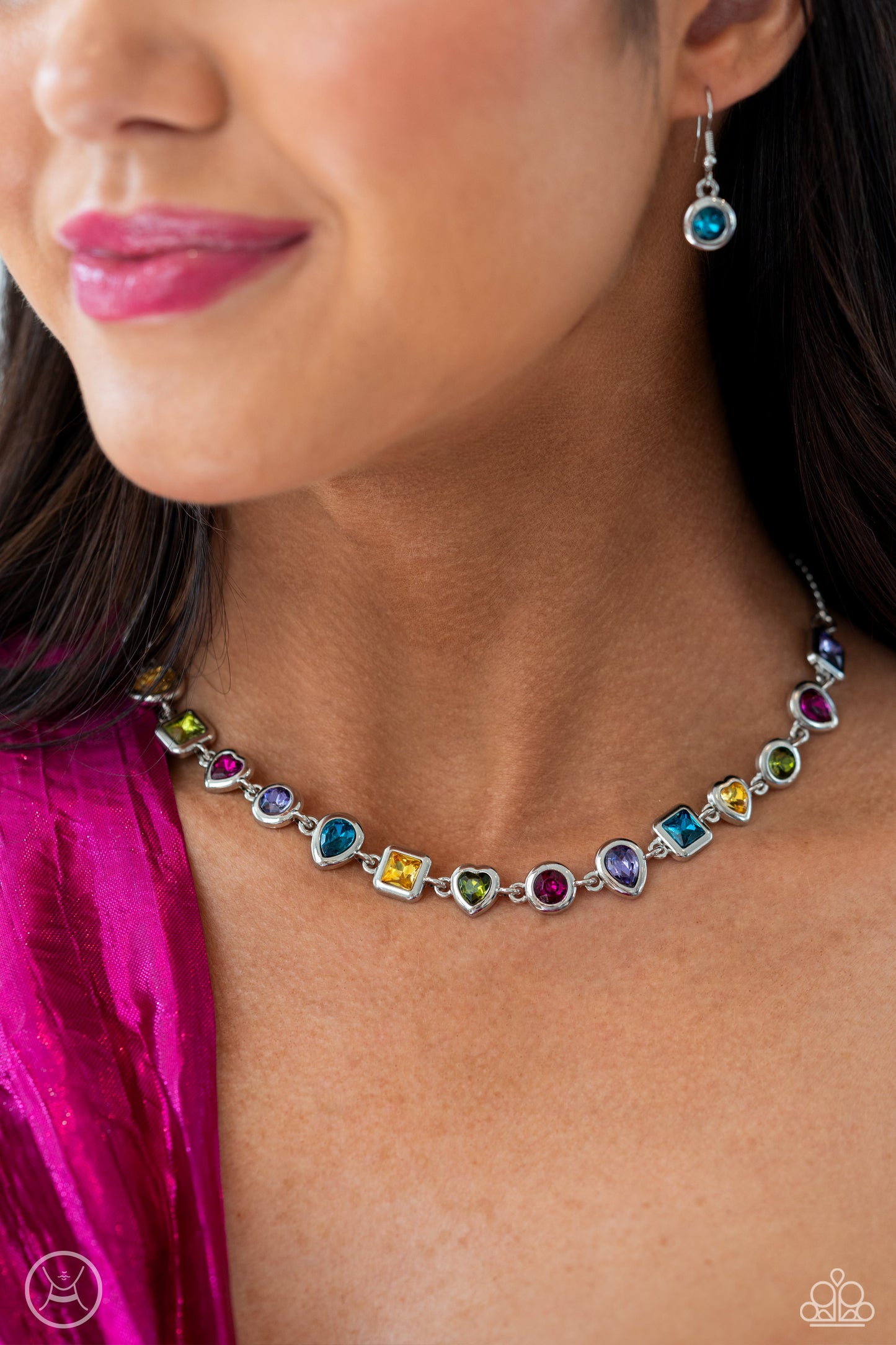 Abstract Admirer - Multi Color Gem Silver Choker Necklace - Life of the Party