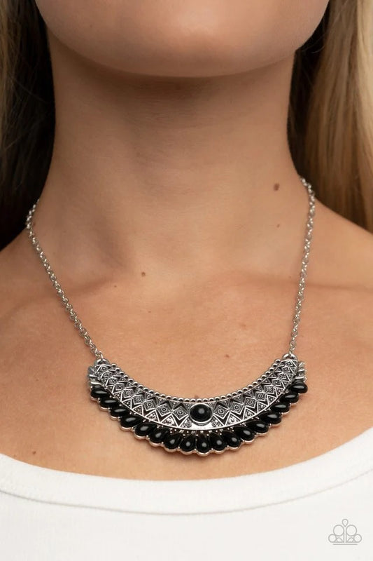 Abundantly Aztec - Black Bead Silver Short Necklace