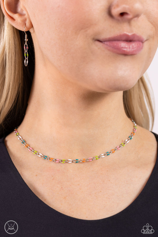 Admirable Accents - Multi Color Link Silver Choker Necklace