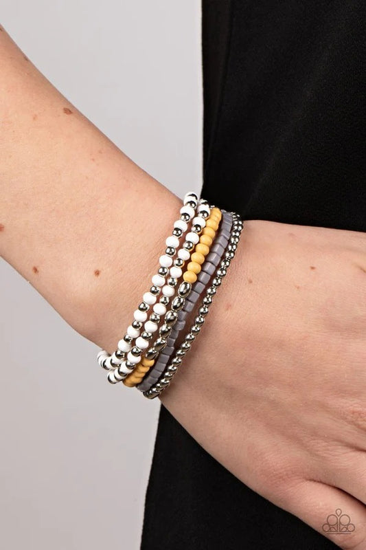 Adventure is Calling - Silver Gray Yellow and White Bead Stretchy Bracelet Stack