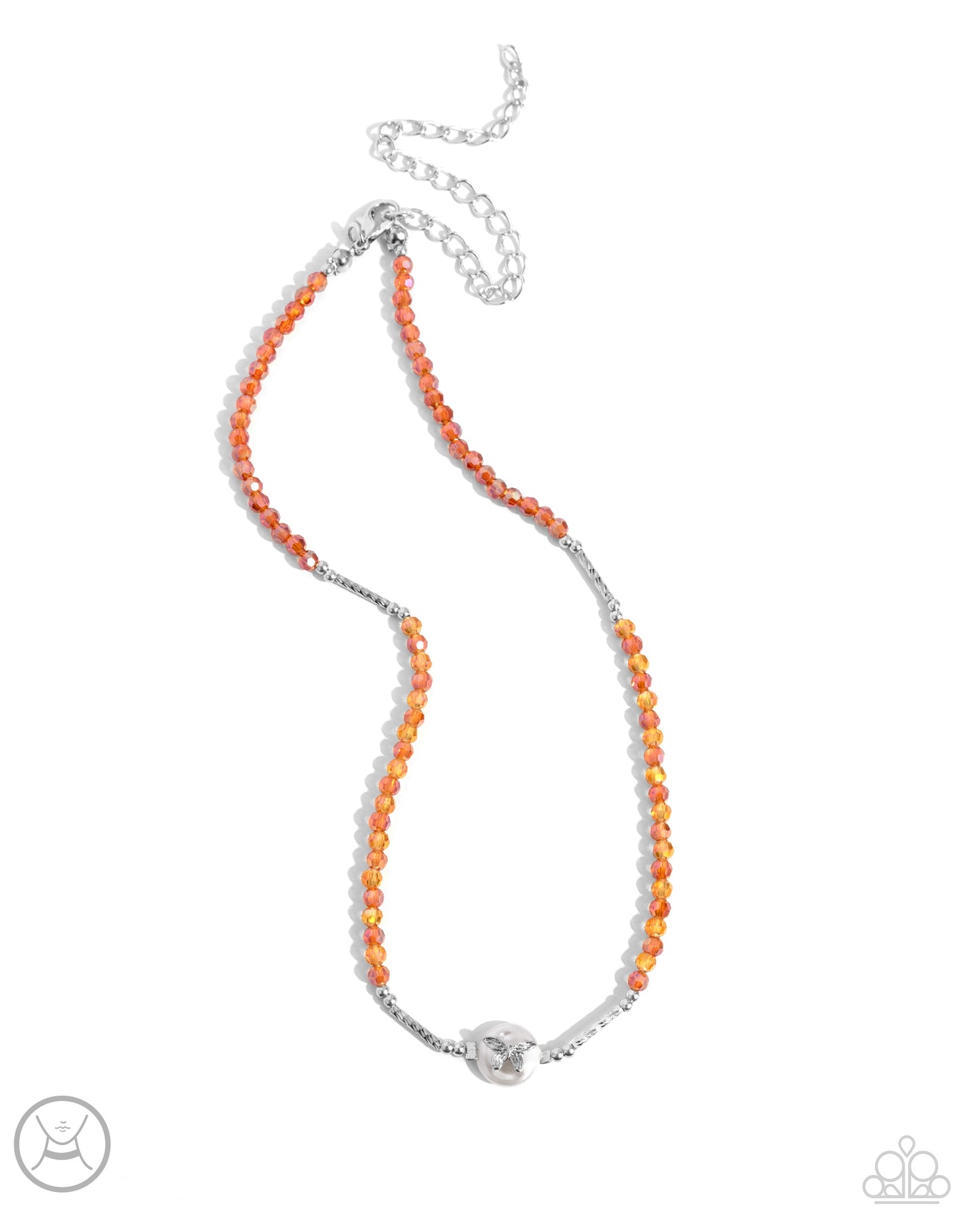 PERFECT MATCH / SET: Aerial Action - Orange Bead Silver Butterfly Choker Necklace AND Aerial Actress - Orange Bead Silver Butterly Clasp Bracelet